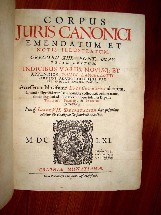 A RARE one-volume edition   of CORPUS JURIS CANONICI (The Body of Canon Law) published in 1661.